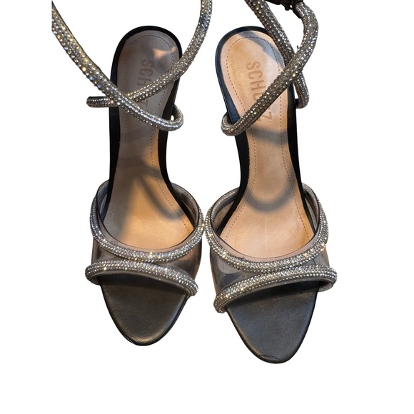 Schutz Rhinestone Embellished Stiletto Heels Sandals Black Clear Straps Size 7
